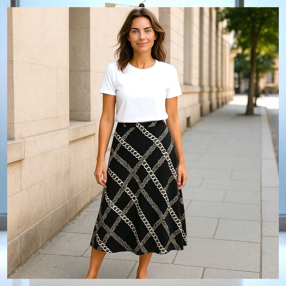 ZARA Black Midi Skirt – Chain Print, Size Medium